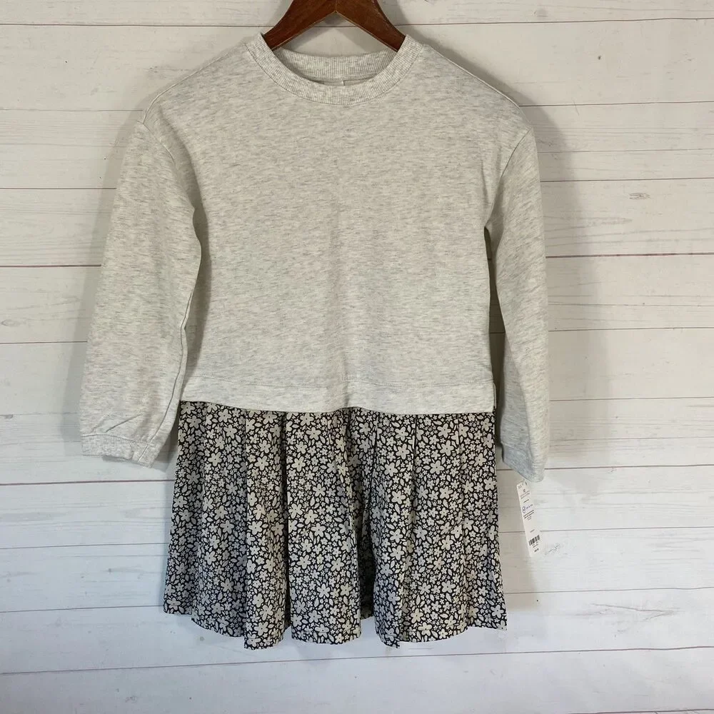 Carters Girls Long Sleeve Dress Size 10 Grey/Beige Floral Pullover Crew Neck New